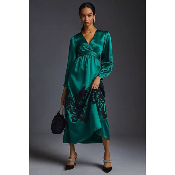 NWD Anthropologie Nikasha Embroidered Satin Dress Size XSP Petites Green #8F409 - Picture 1 of 12